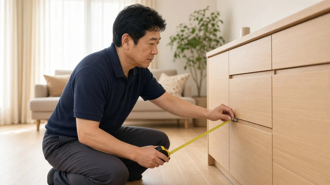 明るいリビングで収納の寸法を測る様子