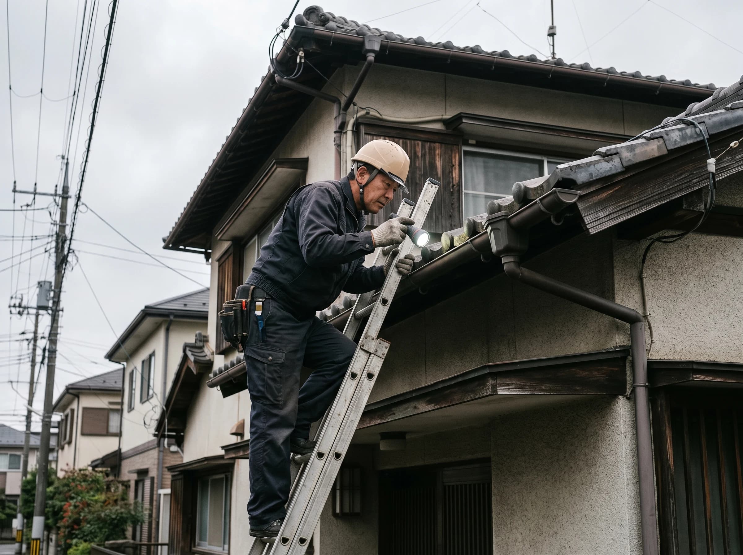 屋根や雨仕舞いの点検作業